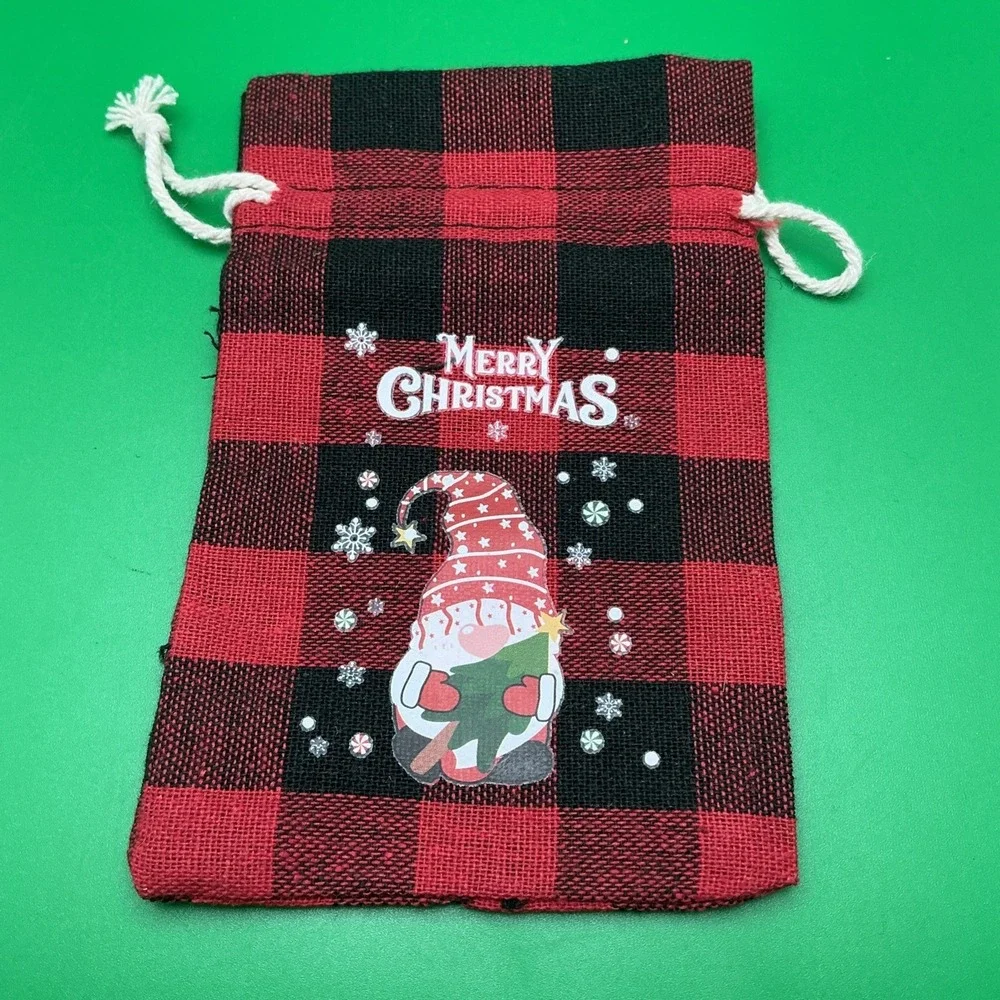 Merry Christmas Reusable Drawstring Red/Black‎ Plaid Gift Bags, Set of 9